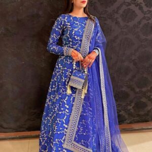 4 Pcs Women's Stitched Katan Silk Embroidered Lehenga Choli