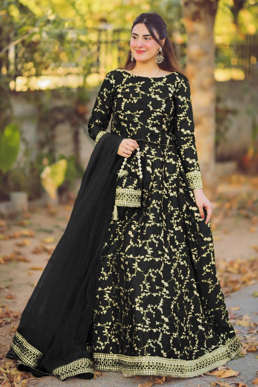 Stunning Black Katan Silk Embroidered Lehenga with Choli - 4 Pcs Set