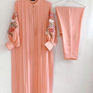 2 Pcs Women's Stitched Linen Embroidered Shirt And Trouser