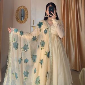 Embroidered Chiffon Gharara Set - 3 Pcs in Beige Multicolor