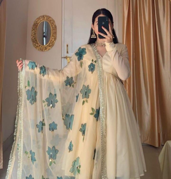 Embroidered Chiffon Gharara Set - 3 Pcs in Beige Multicolor