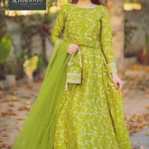 Stunning 4 Pcs Shamoz Silk Embroidered Lehenga Choli Set in Green