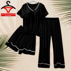 3 Pcs Women's Stitched Plain Night Suit